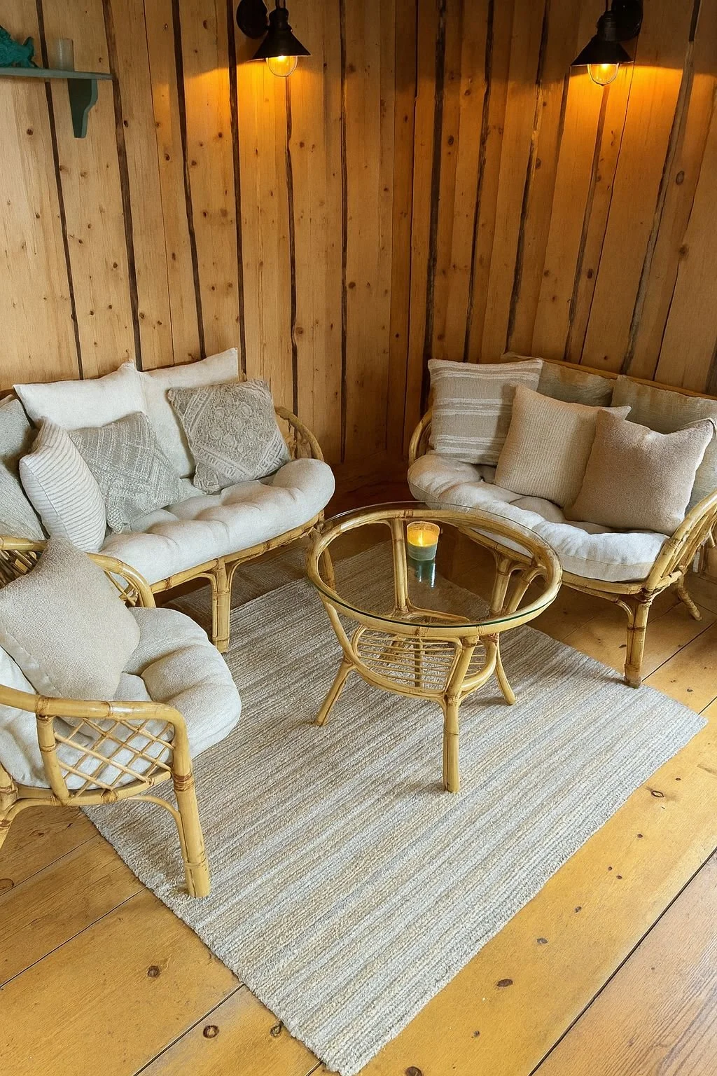 Cozy corner of a living room with wooden walls, rattan furniture, cushioned sofas with neutral pillows, a glass-top coffee table, and a candle.