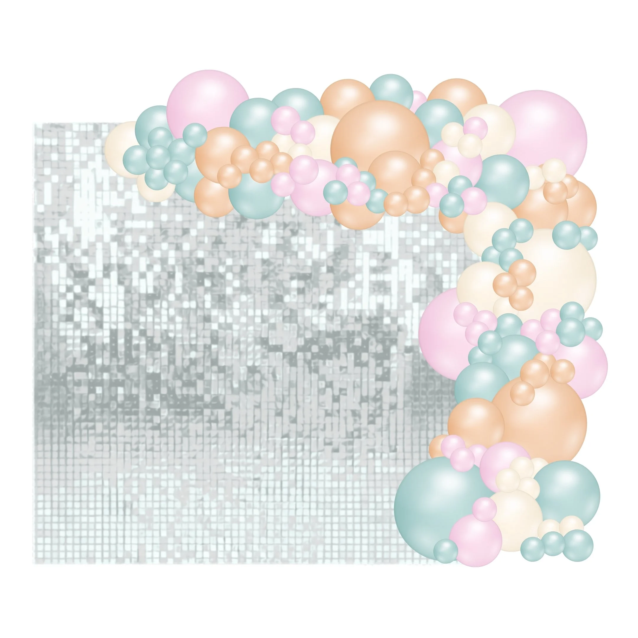 A digital illustration of pastel-colored balloons in shades of pink, peach, cream, and blue, floating over a reflective surface with a pixelated black-and-white background.
