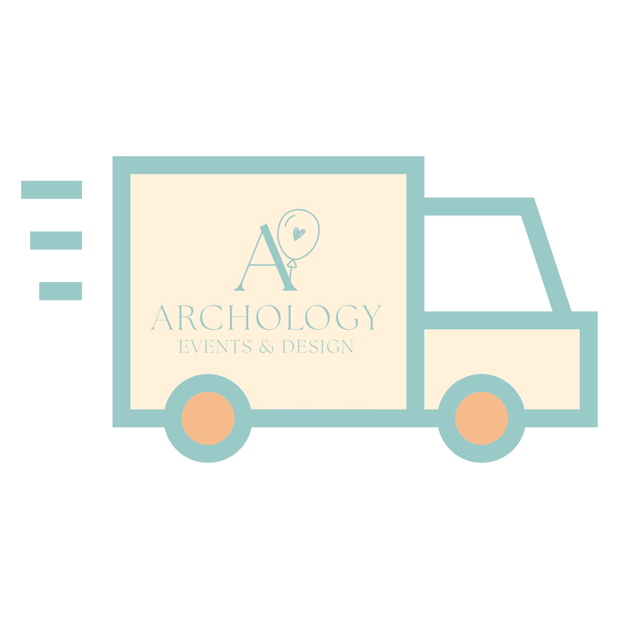Logo for ABC Psychology Events & Design featuring a stylized letter A with a heart inside, placed on a building truck illustration with teal and orange accents.