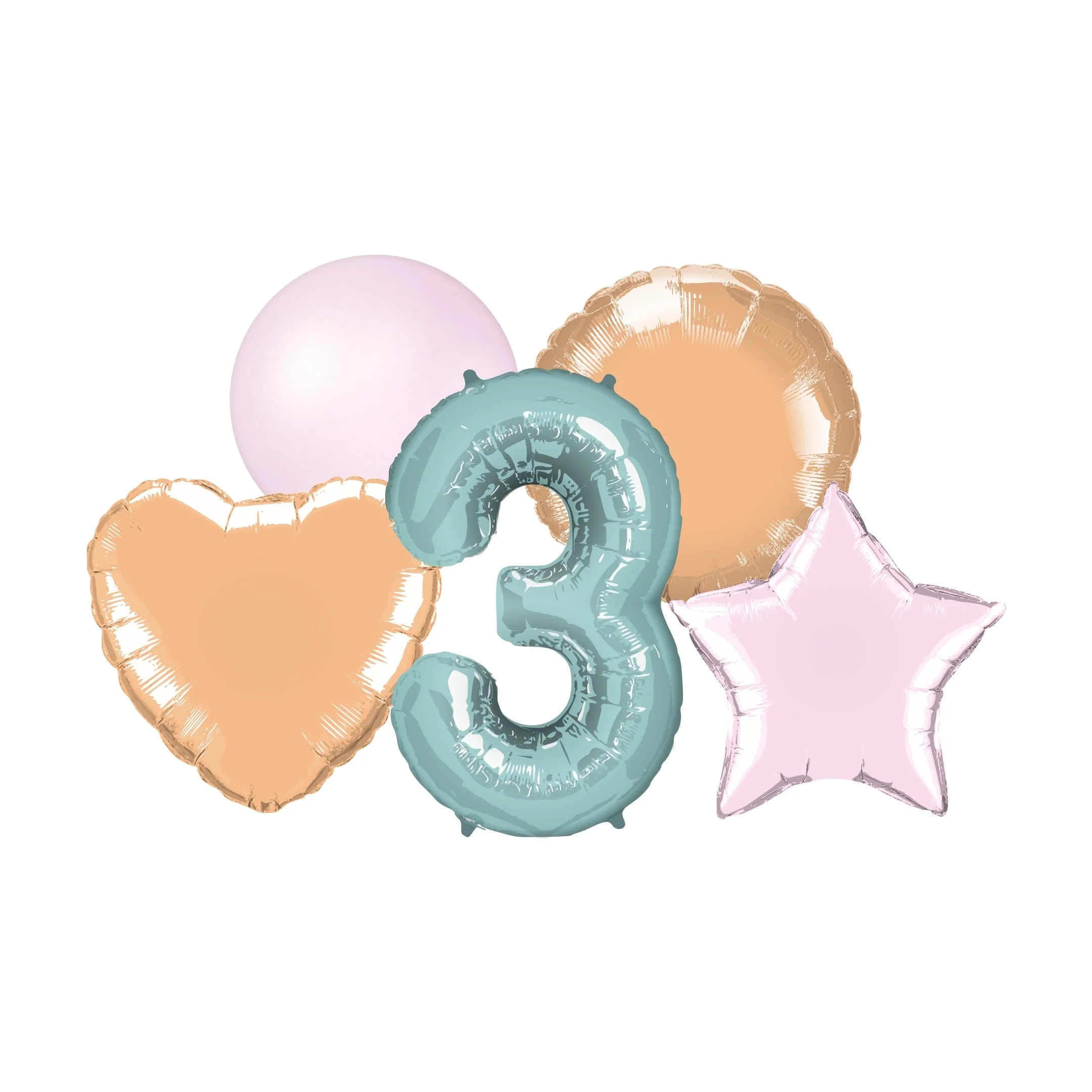 Colorful balloons in pastel shades of pink, peach, blue, and purple positioned on a white background.