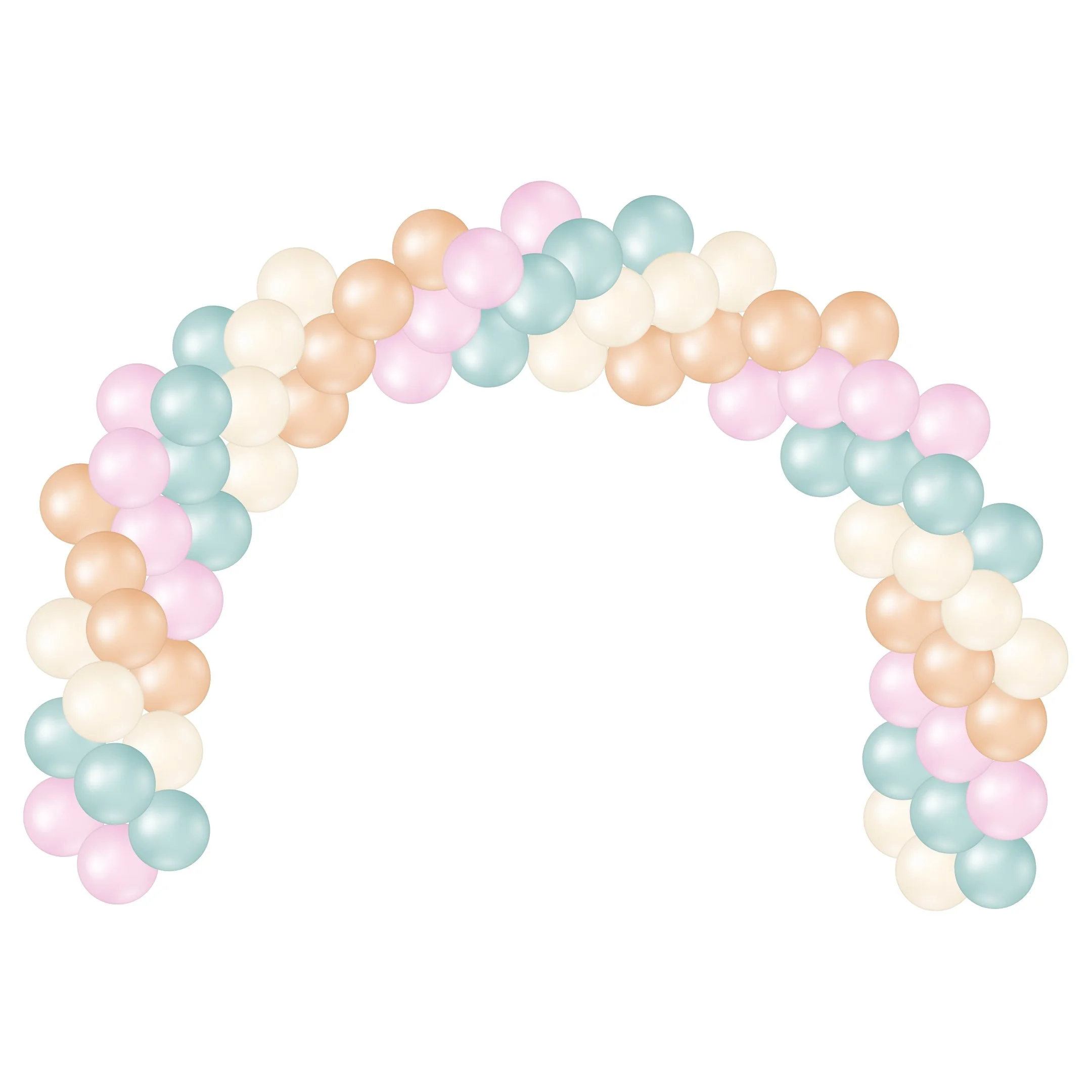 Pastel-colored balloon arch in pink, peach, cream, and teal, arranged in a semi-circle.