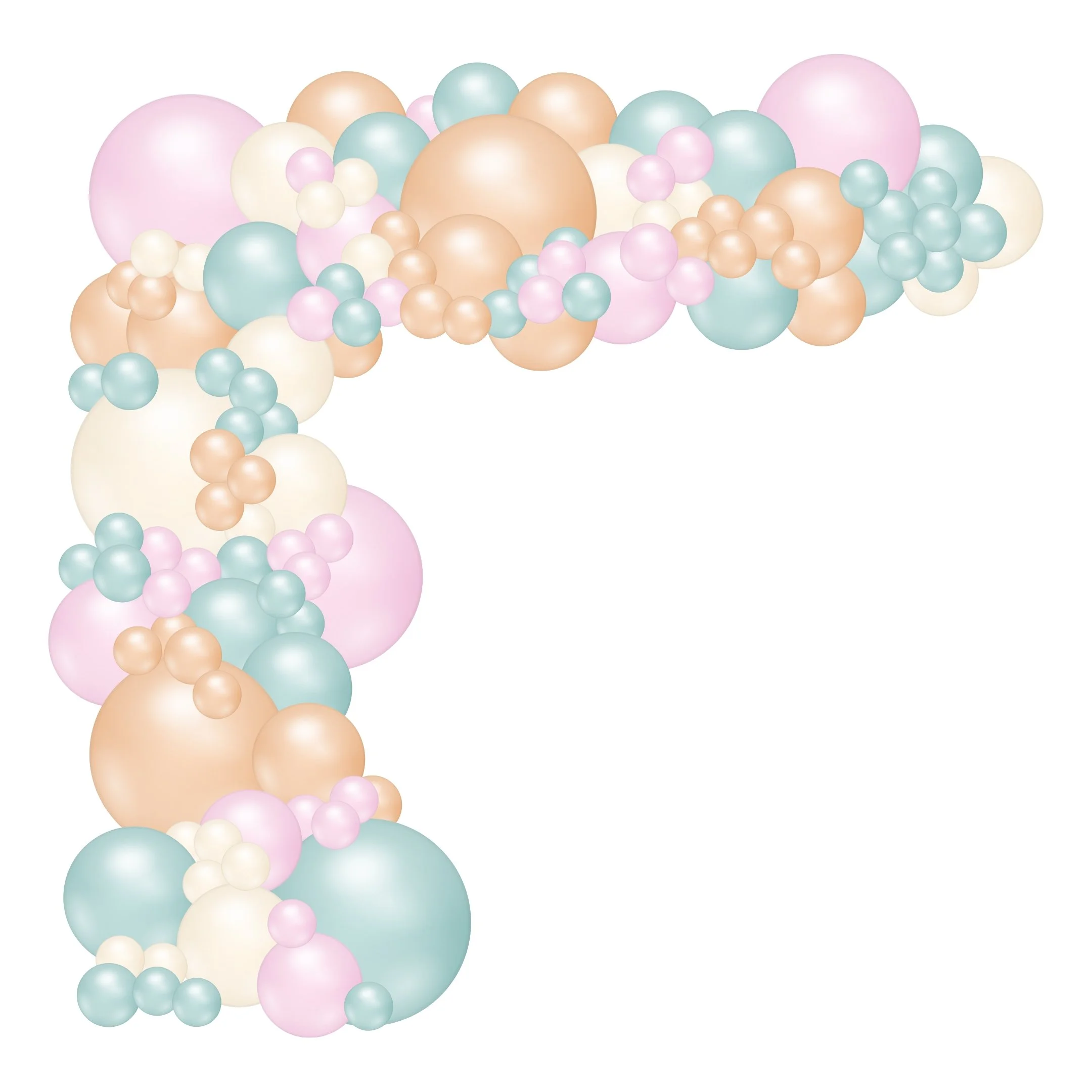 Colorful pastel balloons in shades of pink, blue, beige, and white arranged in a cluster.