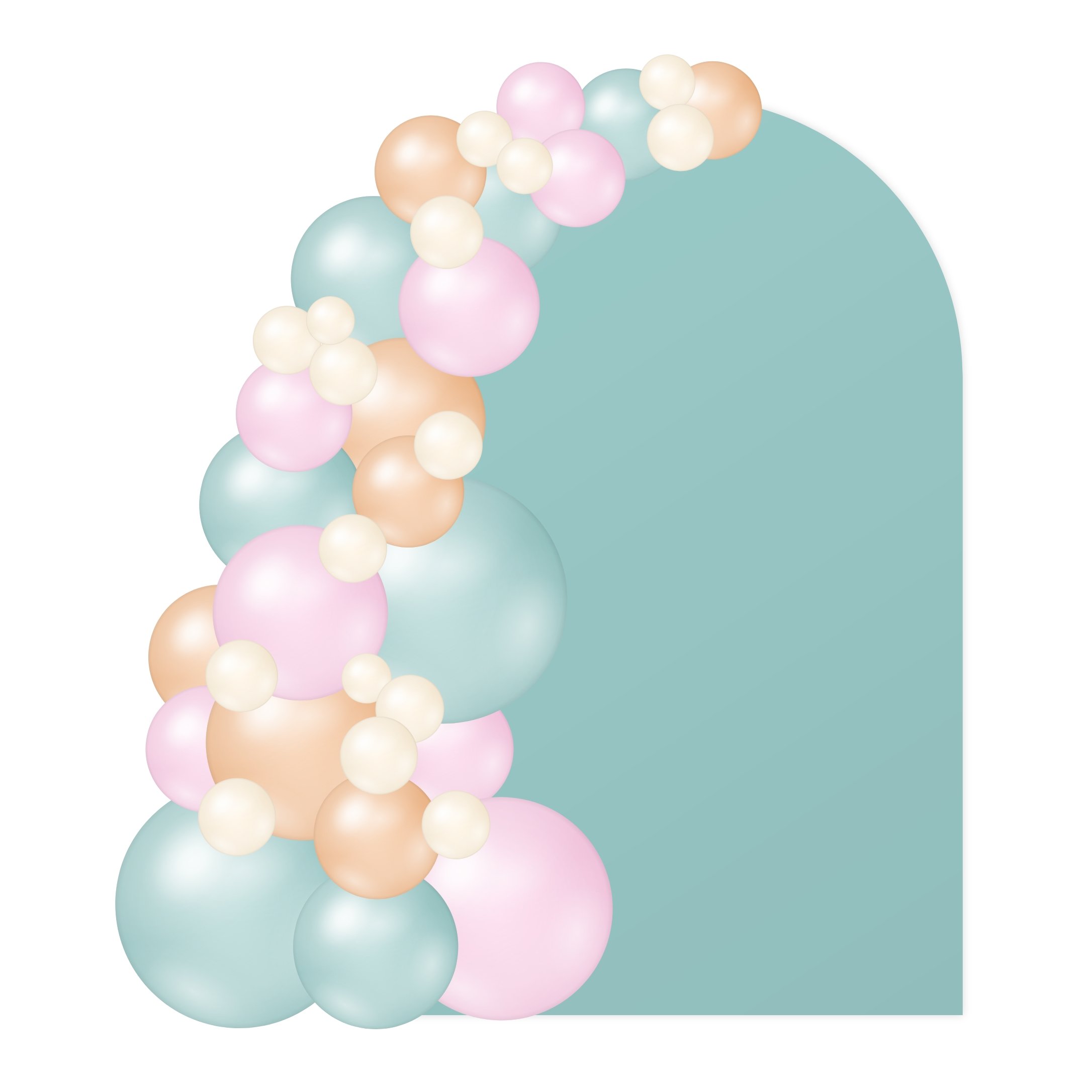 Decorative image with pastel-colored balloons forming a crescent shape on a teal background.