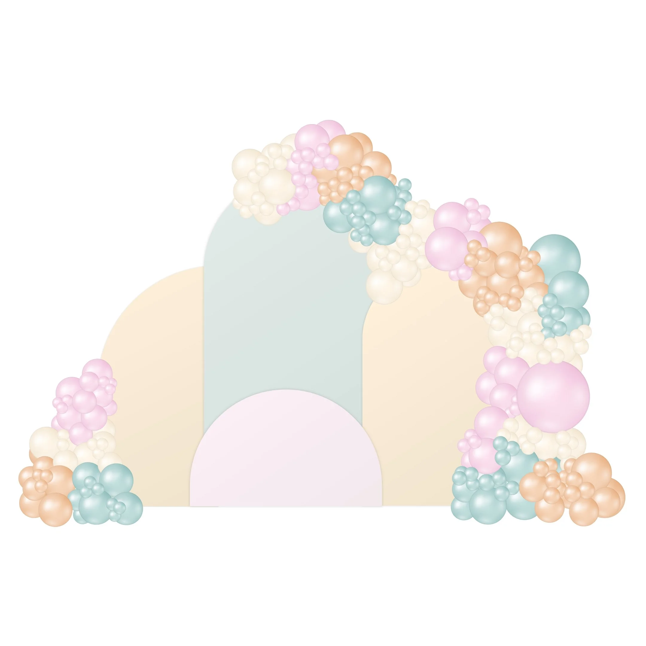 Colorful pastel-colored balloons in white, pink, peach, and blue, arranged in a glow pattern on a white background.