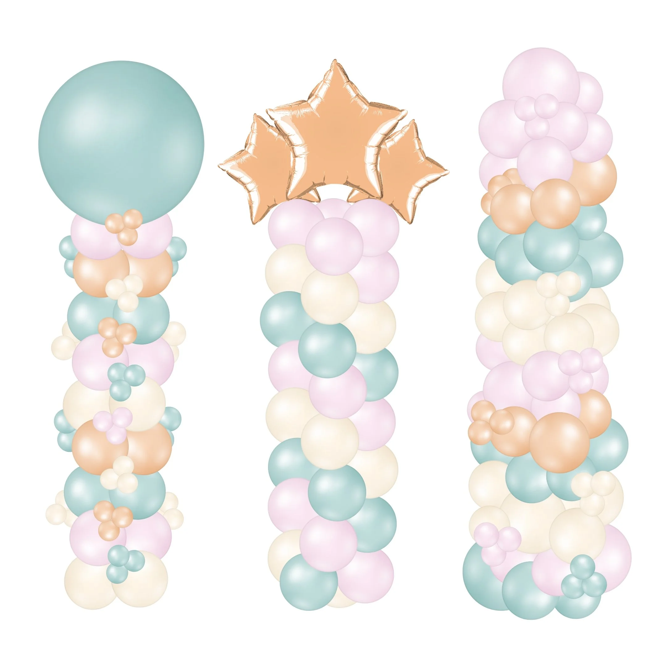 Colorful cluster of balloons in pastel shades of green, pink, peach, and white, arranged in vertical columns with some star-shaped balloons in the center.