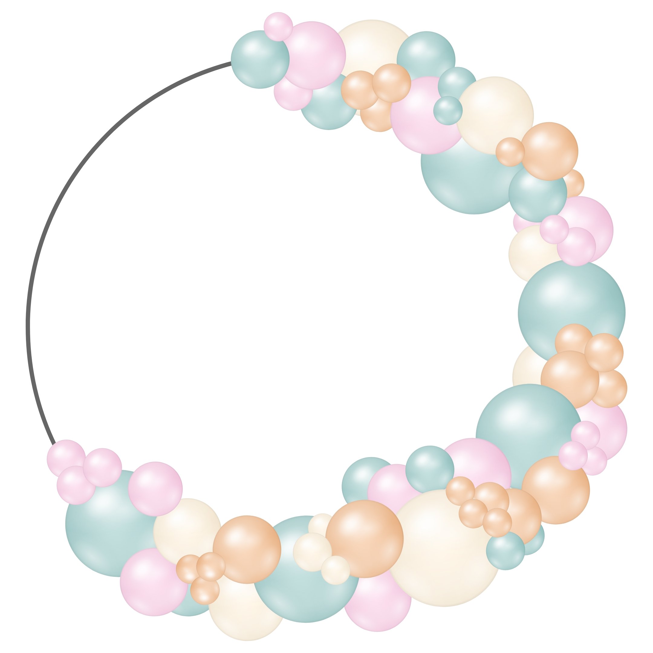 Decorative circular balloon arrangement with pastel-colored balloons in shades of pink, cream, peach, and teal forming a crescent shape.