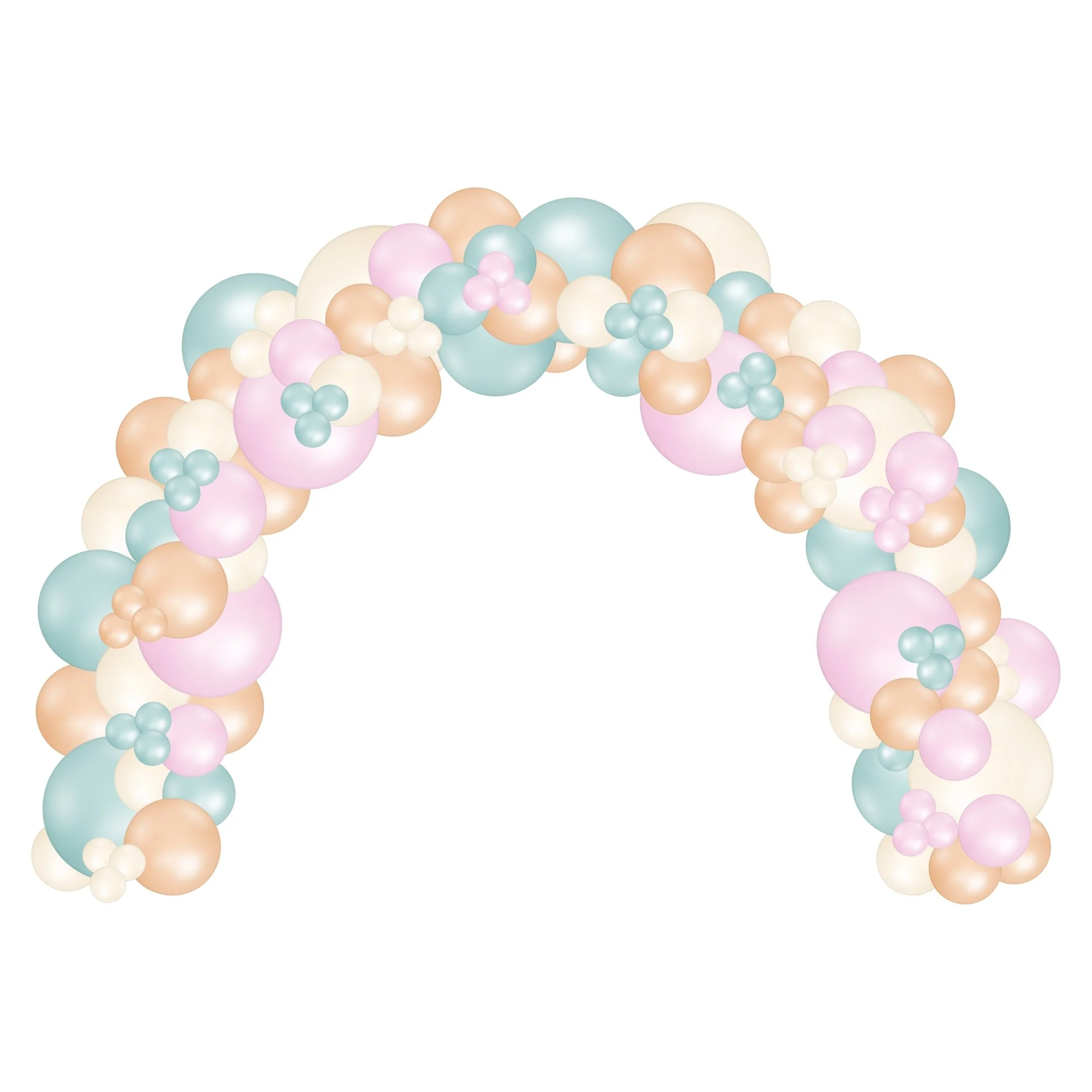 Decorative arch made of pastel-colored balloons in shades of pink, blue, beige, and cream.