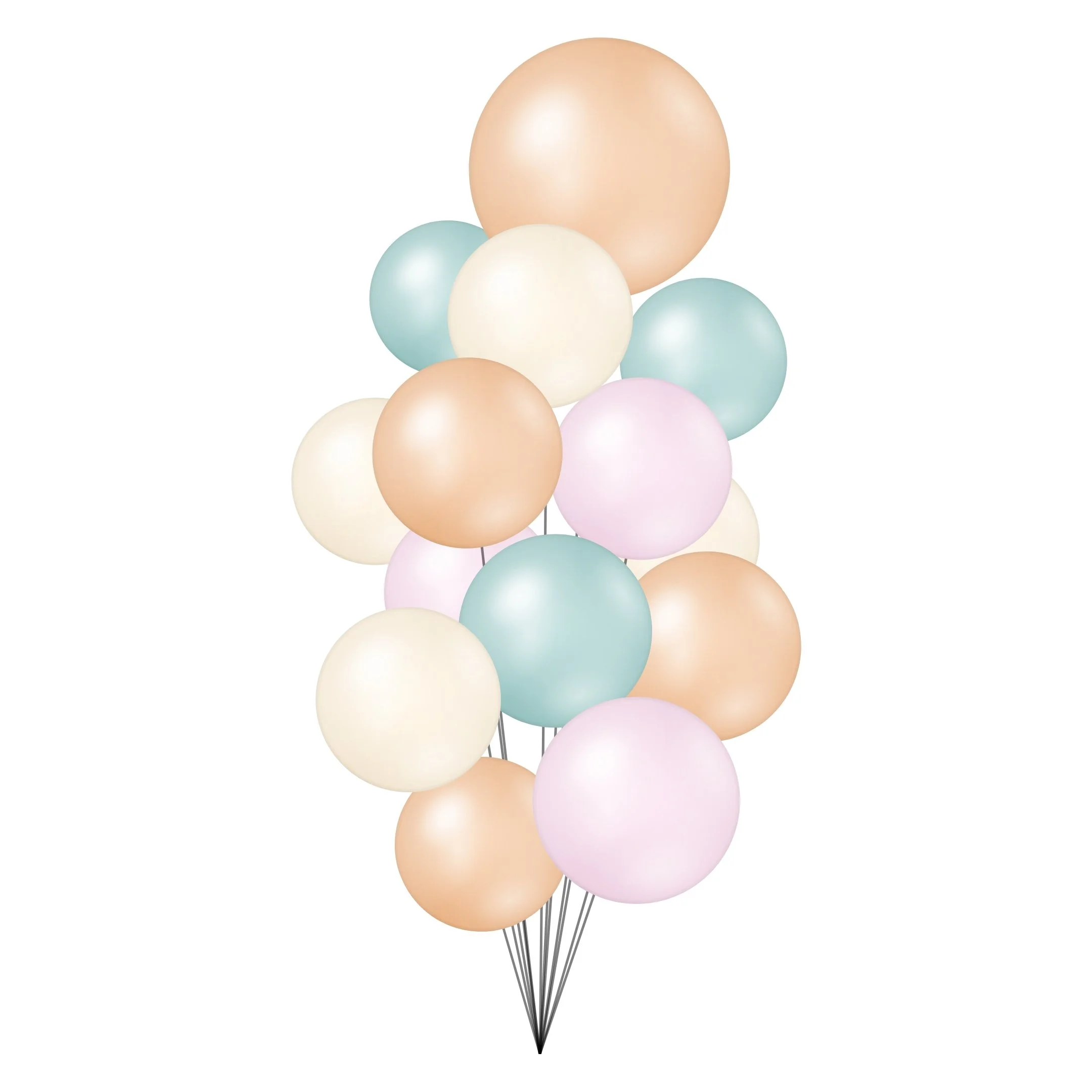 A bunch of pastel-colored balloons tied together with black strings, floating against a white background.