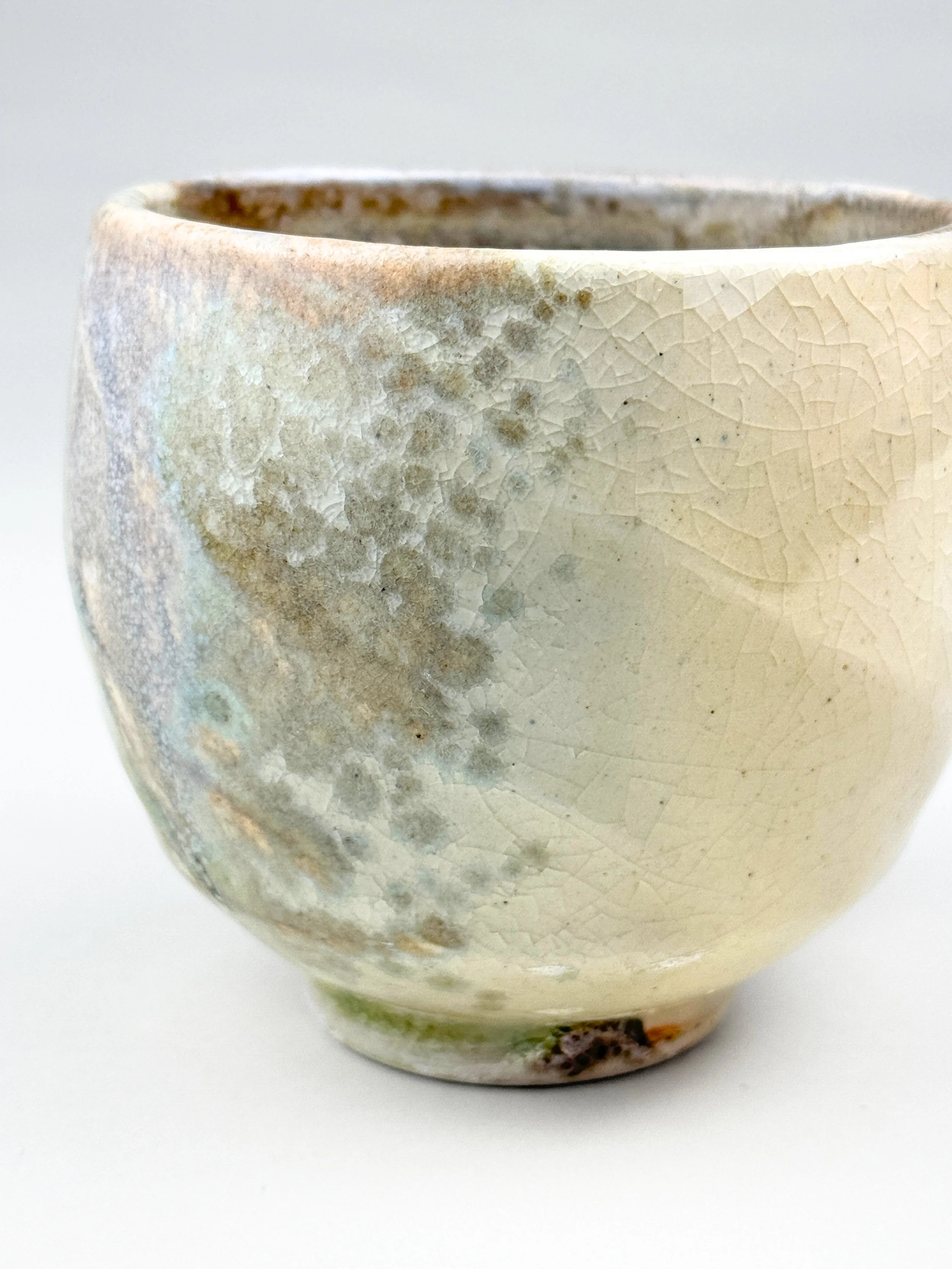 Close-up of a ceramic pottery bowl with a textured, crackled glaze surface and earthy tones.