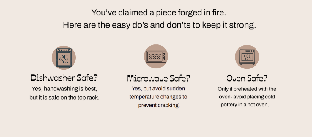 Infographic with tips for keeping a forged piece of metal safe from cracking, including dishwasher, microwave, and oven safety guidelines.
