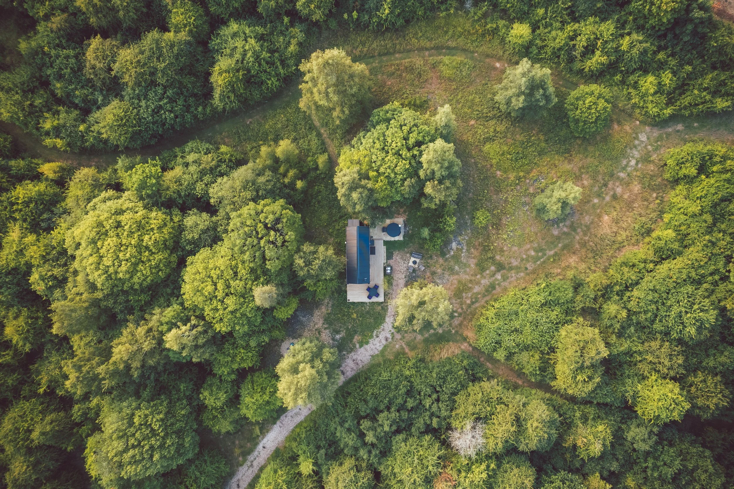 Aerial view of a woodland cabin with a dark roof surrounded by dense green trees and a winding dirt path.