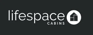 Lifespaces Cabins logo on a black background.
