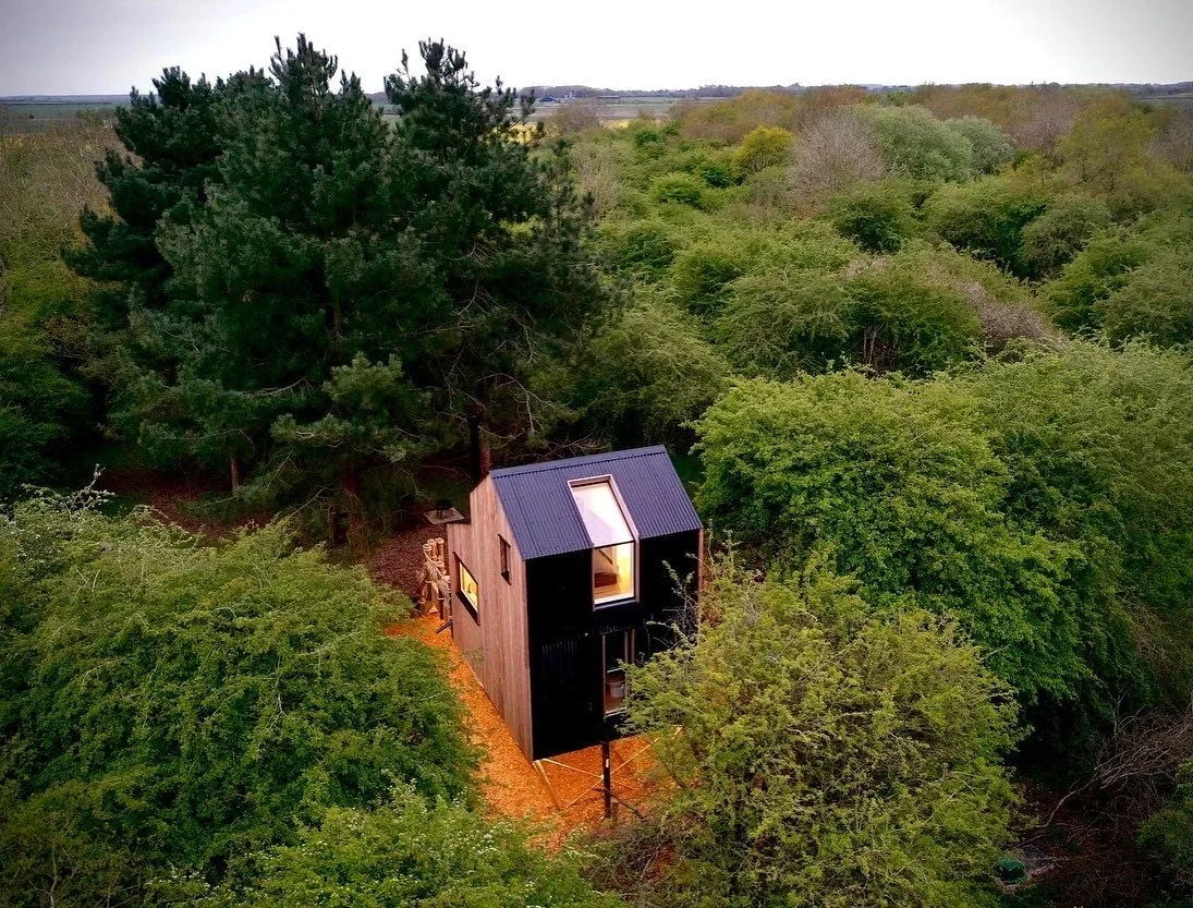 A small modern treehouse with black roofing and floor to ceiling window surrounded by dense green trees, located in a rural area.