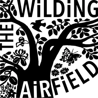 Black and white graphic of a tree with branches, leaves, birds, butterflies, flowers, and the text 'WILDING AIRFIELD' integrated into the design.