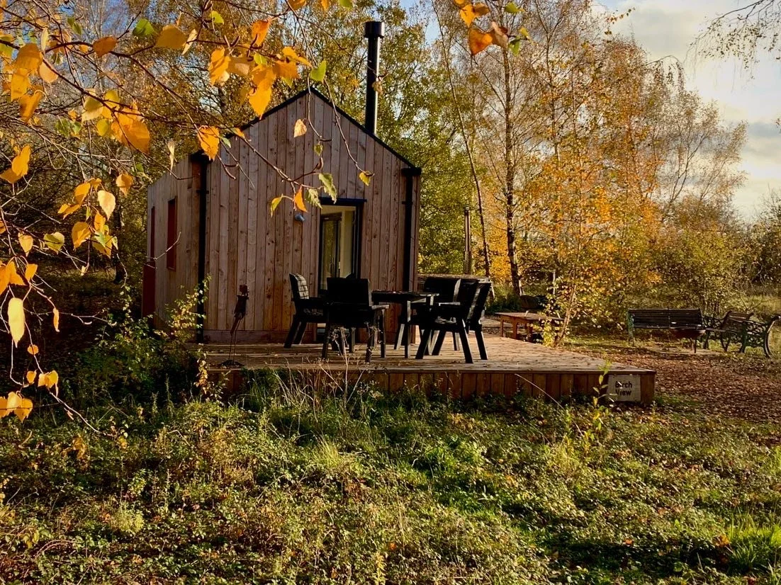 A small wooden cabin with a deck and black outdoor furniture, surrounded by trees with autumn leaves, in a wooded area.