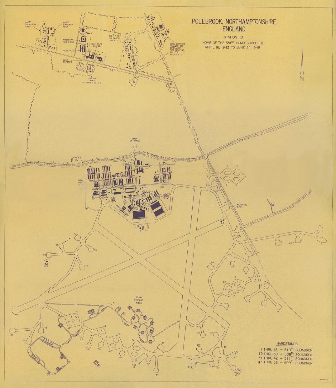 A detailed map of Polebrook, Northamptonshire, England, showing the layout of the airfield, buildings, bases, and other military facilities during World War II, with markings for different squadrons and important sites.