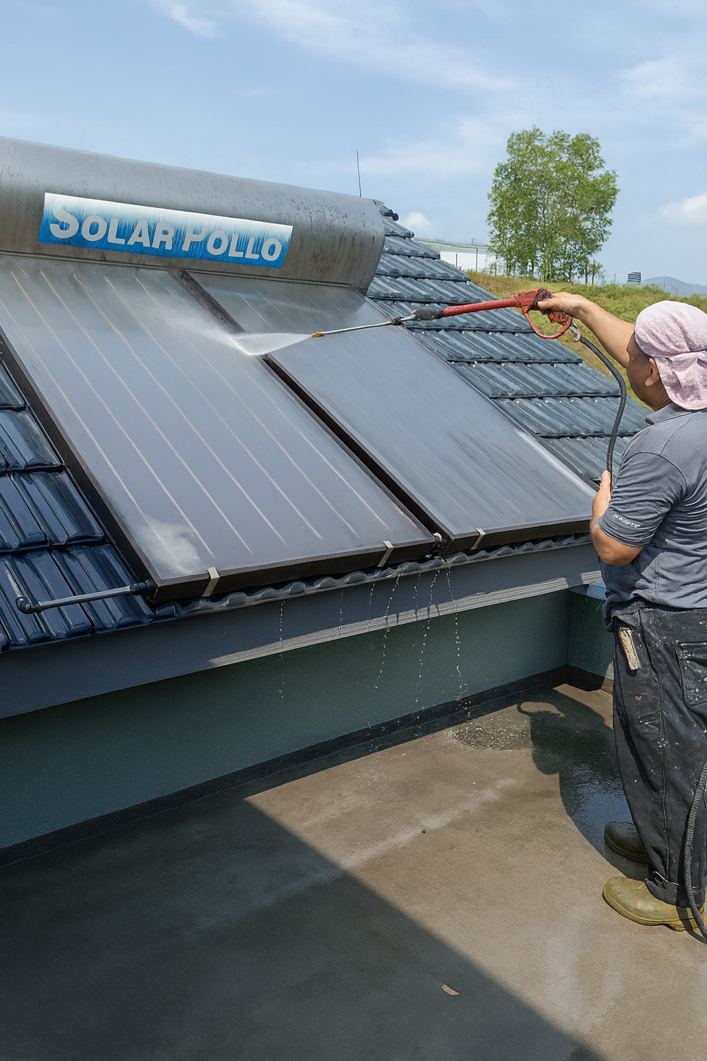A person cleaning solar panels on a rooftop with a pressure washer, with a sign that reads 'Solar Pollo' and a tree in the background.