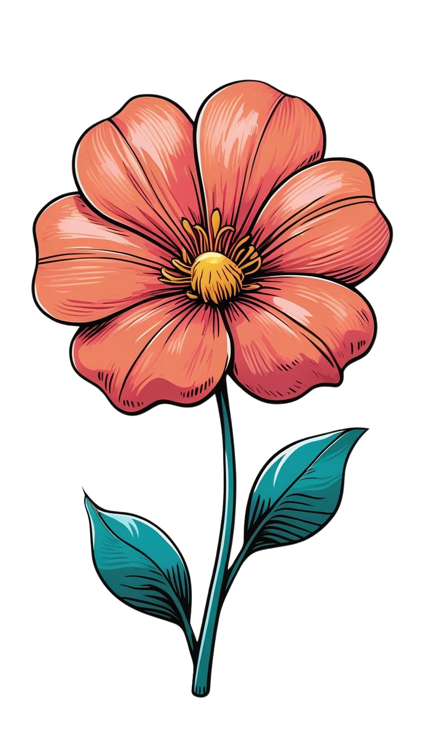 A digital illustration of a pink flower with a yellow center, green leaves, and a curved stem.