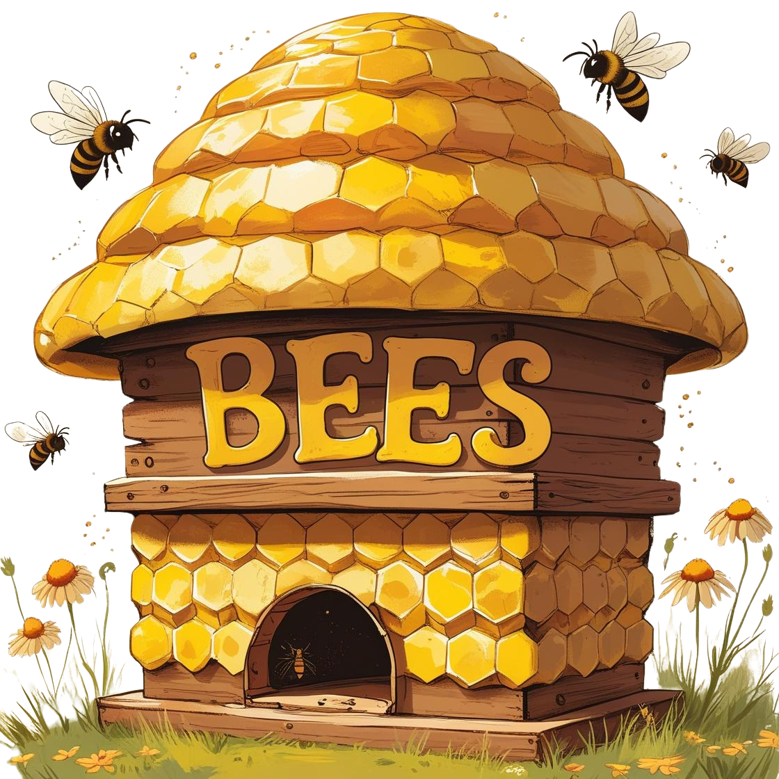 An illustrated beehive with bees flying around and a small opening at the bottom showing a bee inside. The hive has a hexagonal pattern and a wooden sign with the word 'BEES' on it.