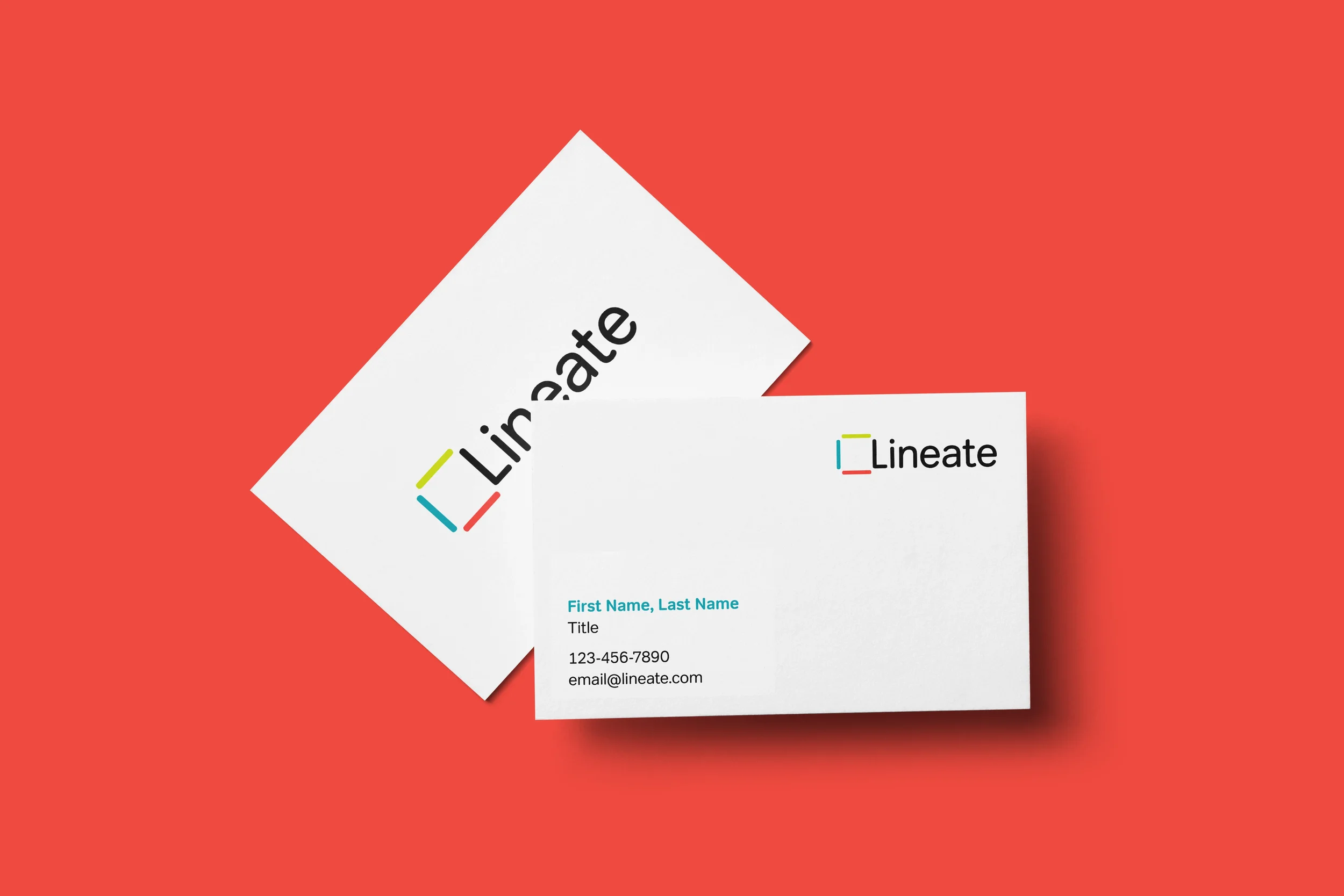 Business cards with the logo and contact information on a red background.