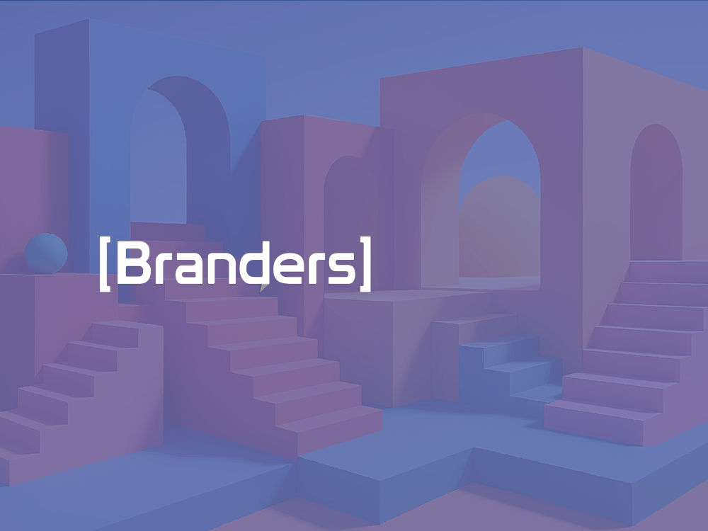 "Branders" in white text over a blue tinted 3D image of stairs, archways, and geometric objects