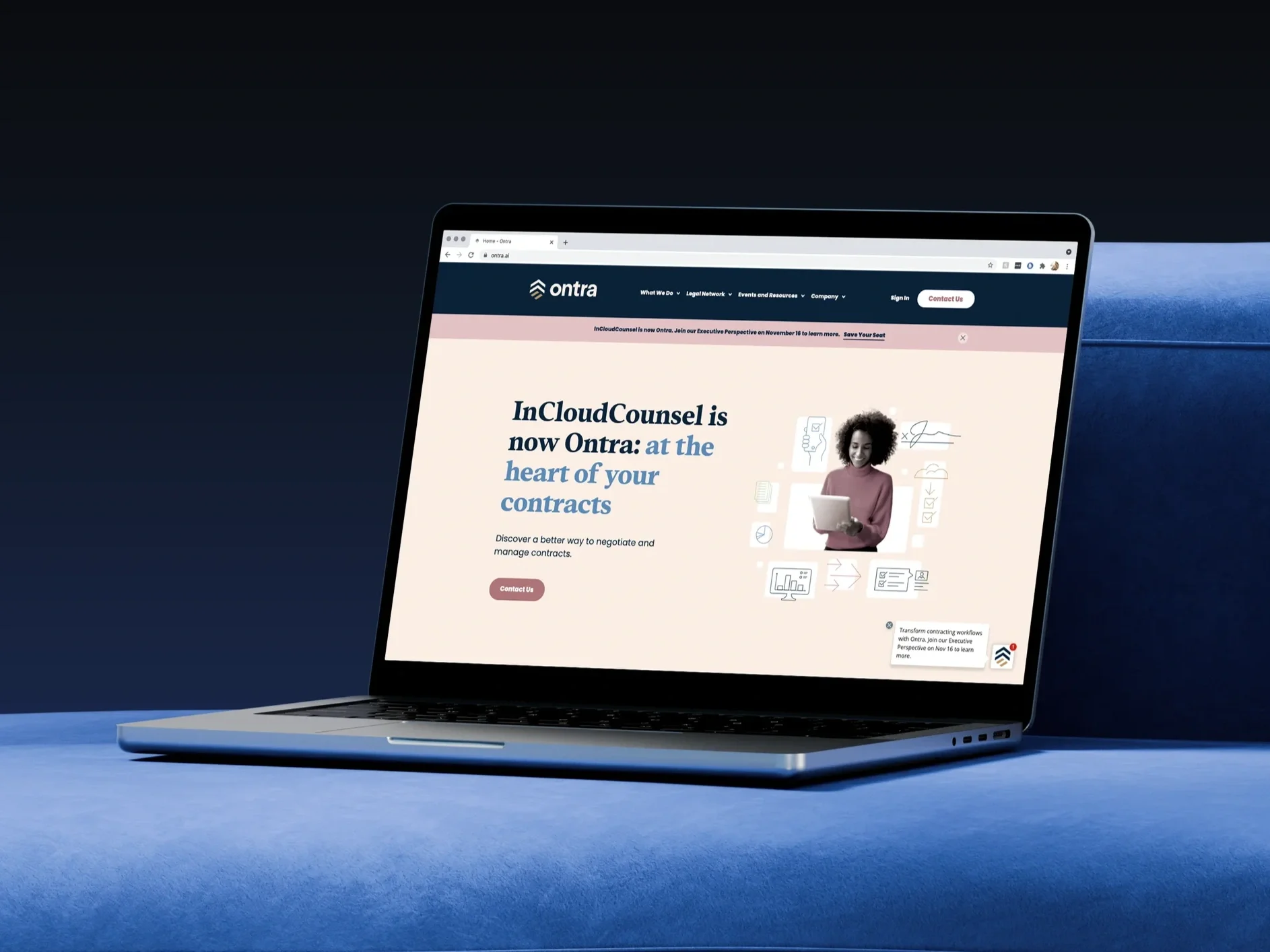 Laptop displaying Ontra's website with a headline about InCloudCounsel now being Ontra, a woman holding a tablet, and abstract icons.