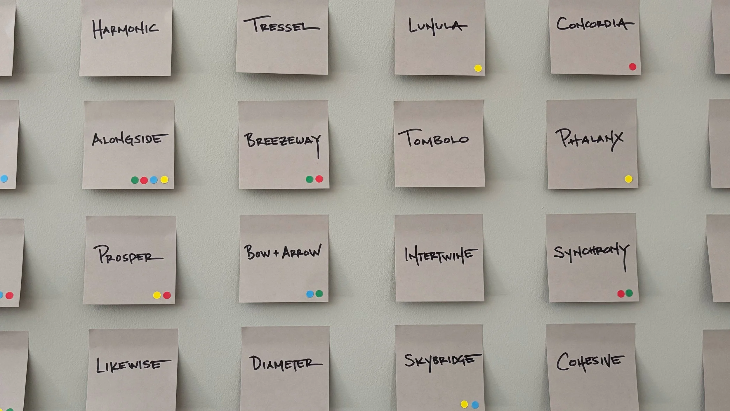 Gray sticky notes with name ideas (including Alongside) written in black Sharpie; some have small colored dots on them