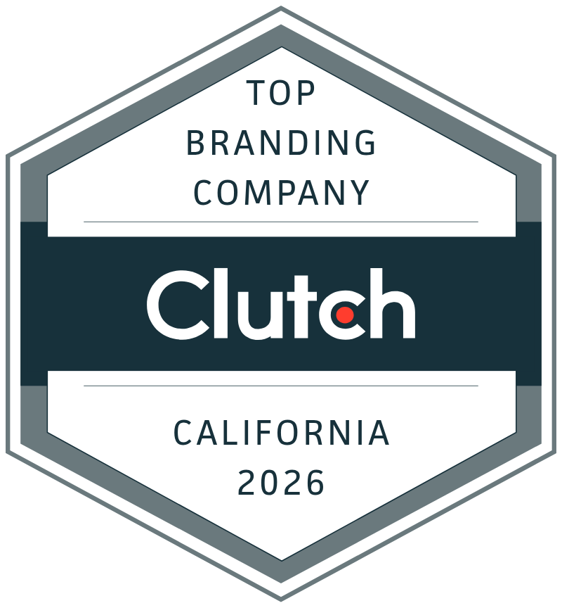 Hexagon-shaped badge with "Clutch" written in the middle, "Top Branding Company" above, and "California 2026" below