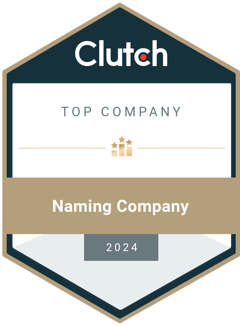 A hexagonal badge with "Clutch" at the top and "Top Company," "Naming Company," and "2024" written below