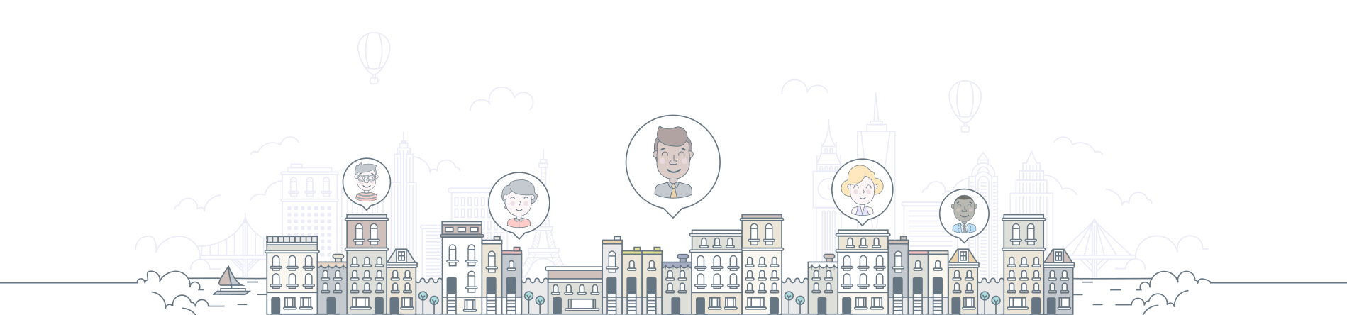 Illustration of a cityscape with various buildings and five floating profile icons of diverse individuals above.