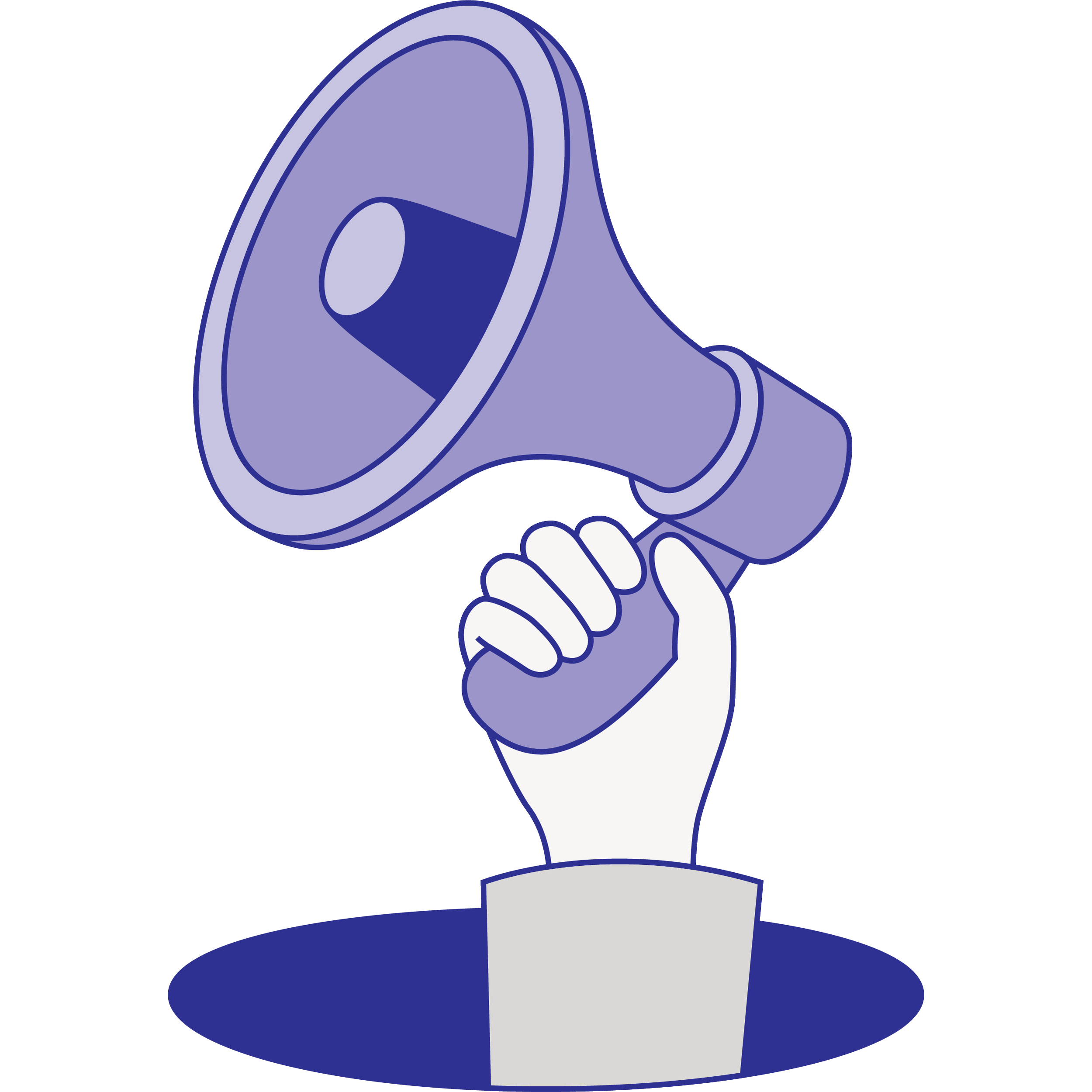 A white hand holding a purple megaphone emerging from a hole in the ground.