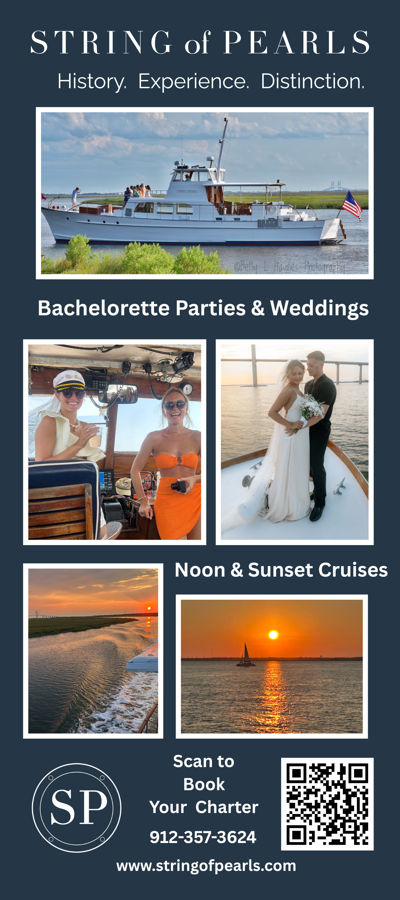 Flyer for String of Pearls offering private cruises, including boat tours, bachelorette parties, weddings, and sunset cruises, featuring images of a boat, people celebrating on a boat, a bride and groom, and scenic sunset views over the water.