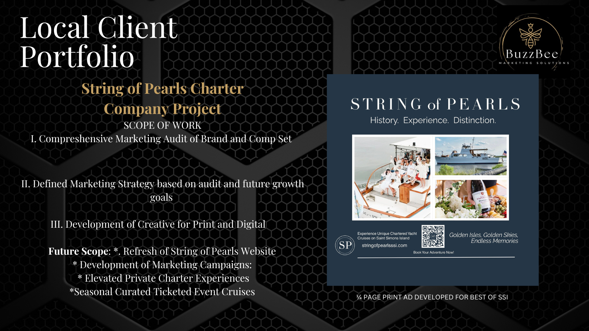 A promotional layout displaying a company marketing portfolio for String of Pearls Charter. The left side contains text with the portfolio scope and future plans, while the right side features a brochure cover titled "String of Pearls" with images of a yacht, a group of people on a boat, a bottle of wine, and flowers, along with contact details and slogan about travel and memories.