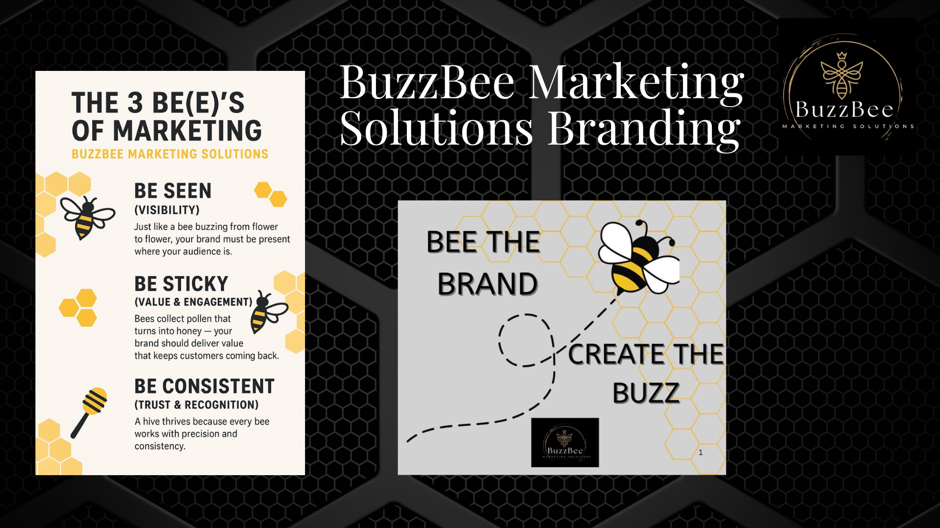 Infographic with black background and honeycomb pattern, showcasing BuzzBee Marketing Solutions. The main heading reads 'BuzzBee Marketing Solutions Branding,' with a logo of a bee in a circle. There are content sections titled 'The 3 Be(e)s of Marketing' and details about the importance of being seen, sticky, and consistent for brand success. A secondary graphic emphasizes 'Bee the Brand,' with a bee illustration and text 'Create the Buzz.' The color scheme is black, white, and yellow.
