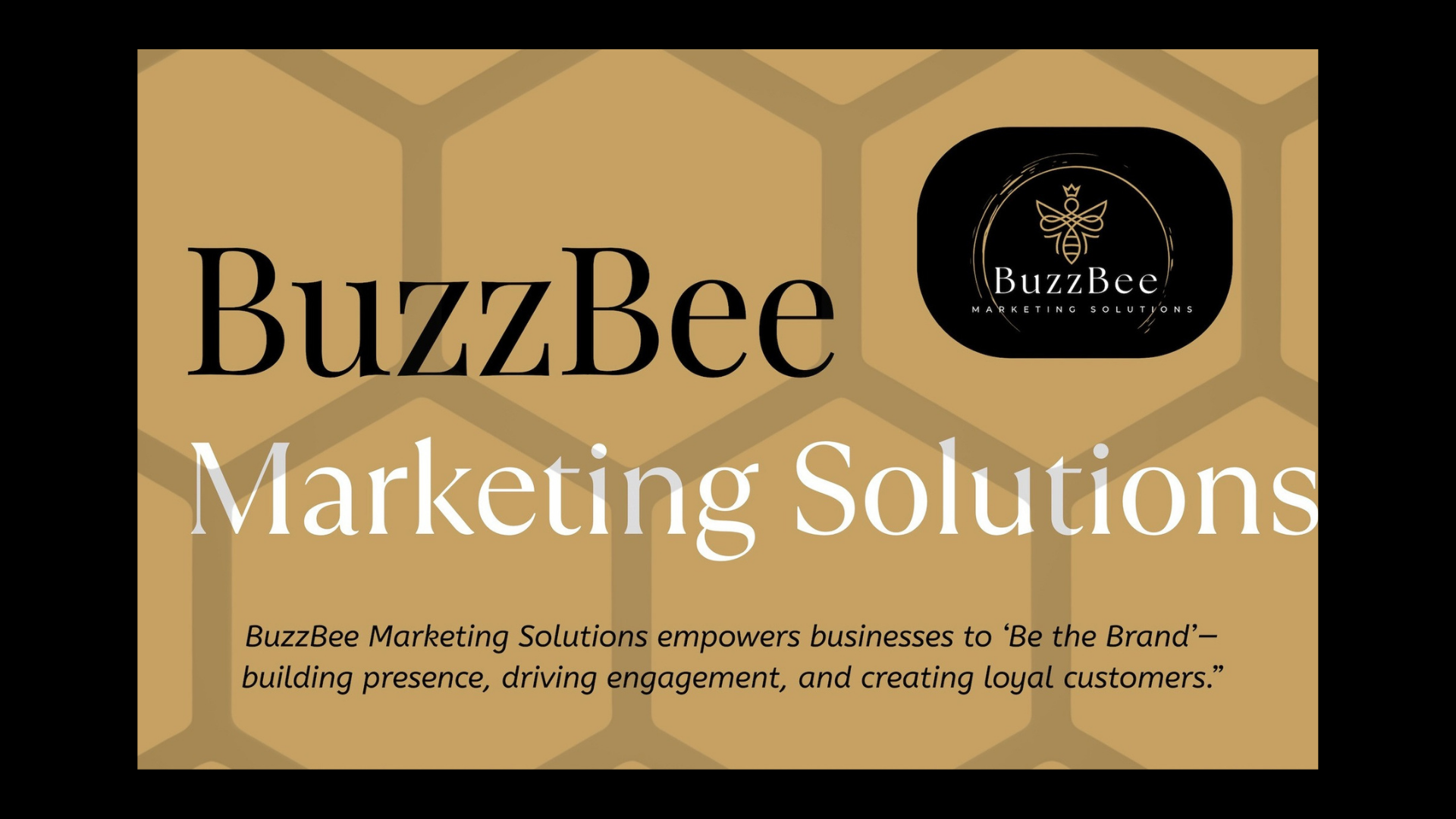 Business card for BuzzBee Marketing Solutions with a honeycomb background, featuring the company name, logo, and slogan.
