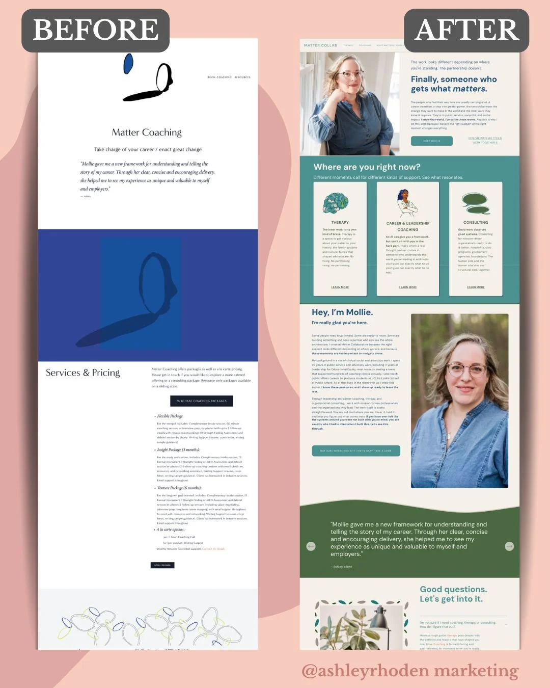 Coaching, therapy, and consulting each carry different ethical obligations, different audiences, different voices. So we built them that way. Every section has its own identity while staying cohesive under one brand, and @matter_collab LOVES it. I do