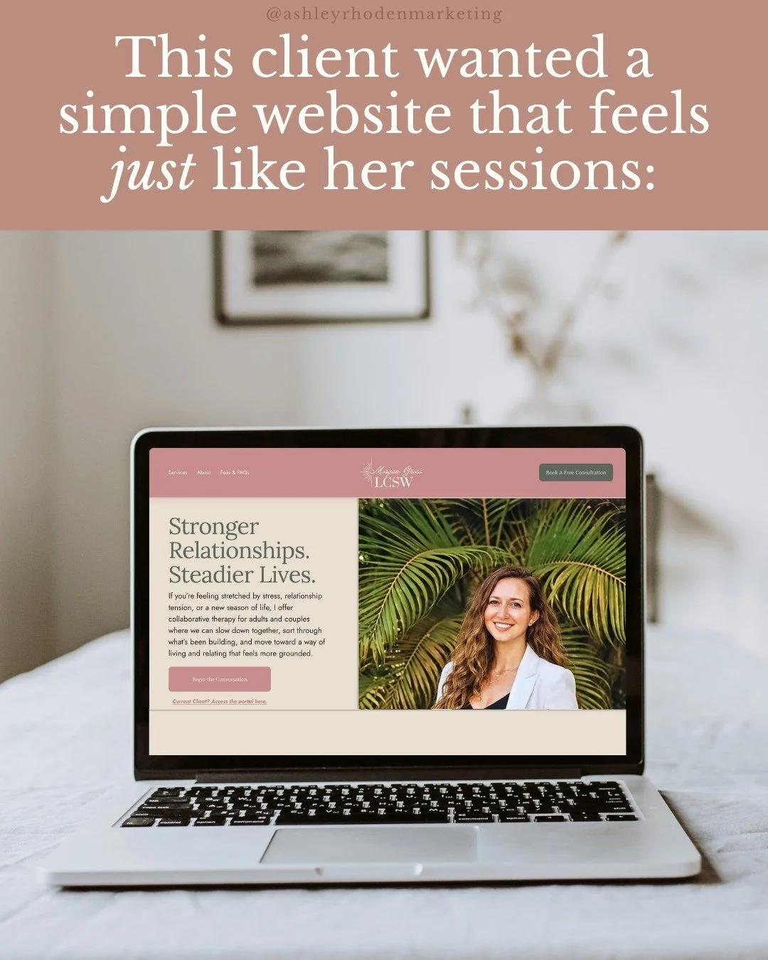 She came to me knowing exactly how she wanted her clients to feel when they landed on her site. Safe. Seen. Not overwhelmed. So that's what we built. No clinical jargon, no generic stock photos, no "welcome to my practice" energy. 

Just a 