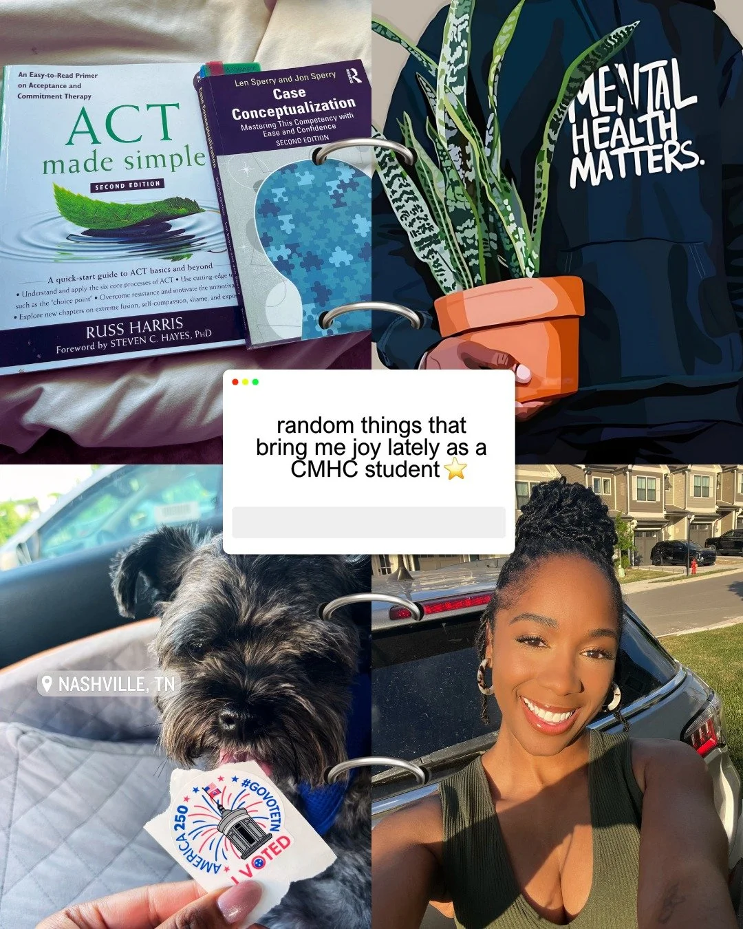 Getting back into the swing of school, finding cool prints, voting with my puppy, and taking "feel good, definitely will not delete later" selfies.

#therapy #gradschool #entrepreneur #smallbusiness