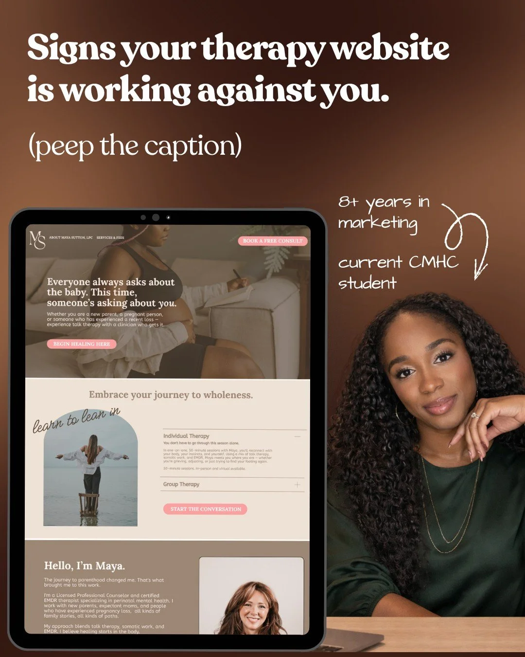 1. Your homepage is doing too much. Therapists are trained to be thorough and accurate &mdash; which is great in session and overwhelming on a website. If someone dysregulated lands on your page and can't figure out what they need in 8 seconds, that'