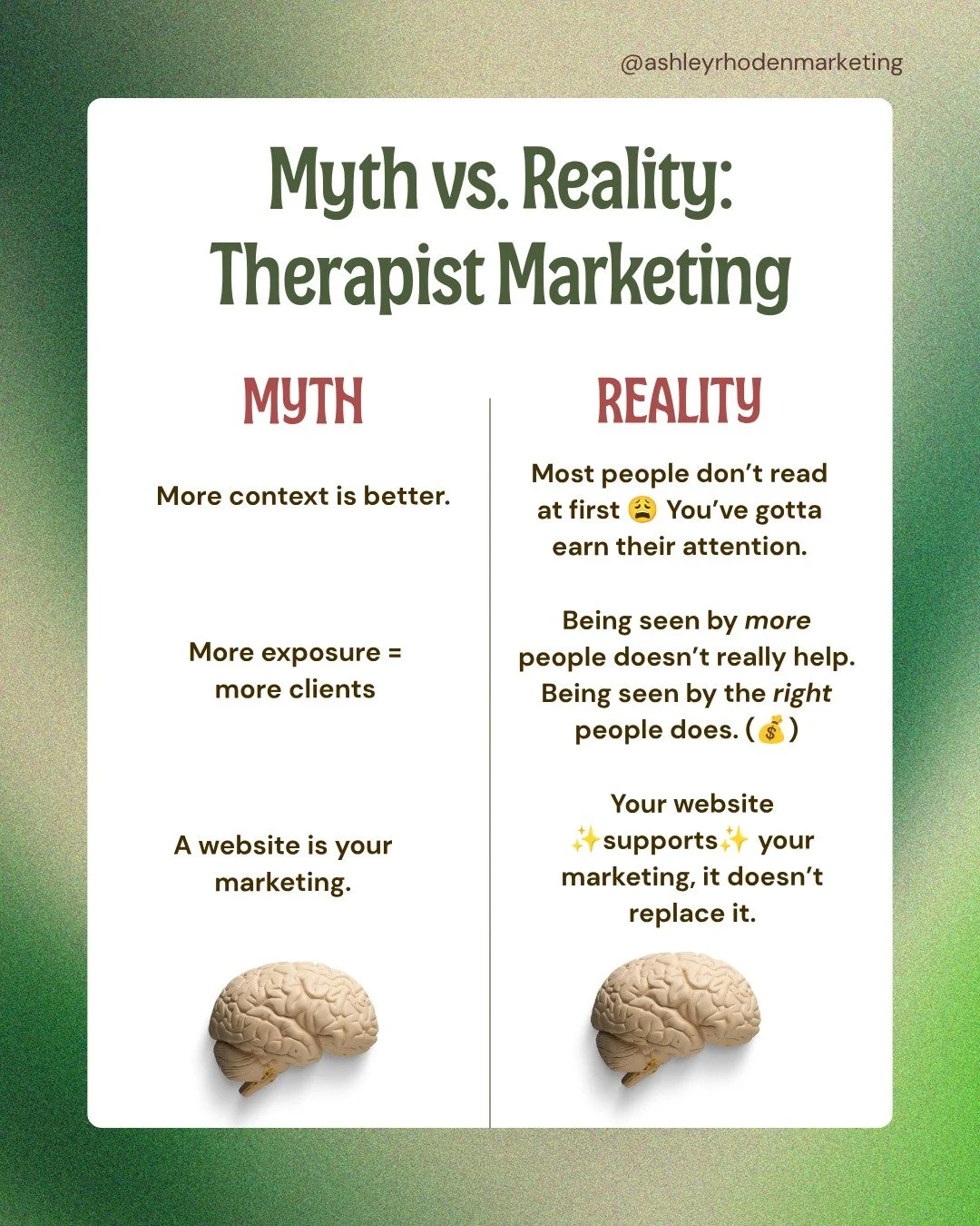 Coming from someone who built a LOT of marketing campaigns *and* who's in grad school to be a therapist...save this one. It'll always be true. 🤎 

#privatepractice #lcsw #lpc #therapist #therapy