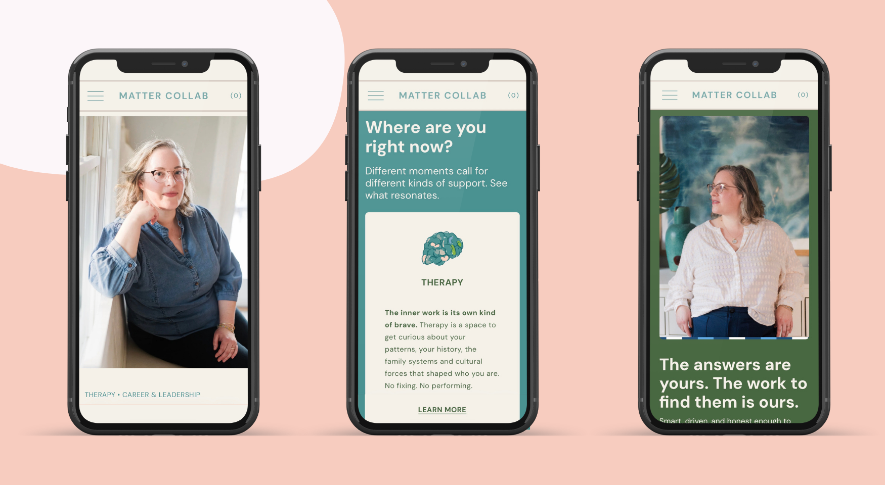 Website design mockup for Matter Collaborative showing a confident, human brand across therapy, coaching, and consulting services