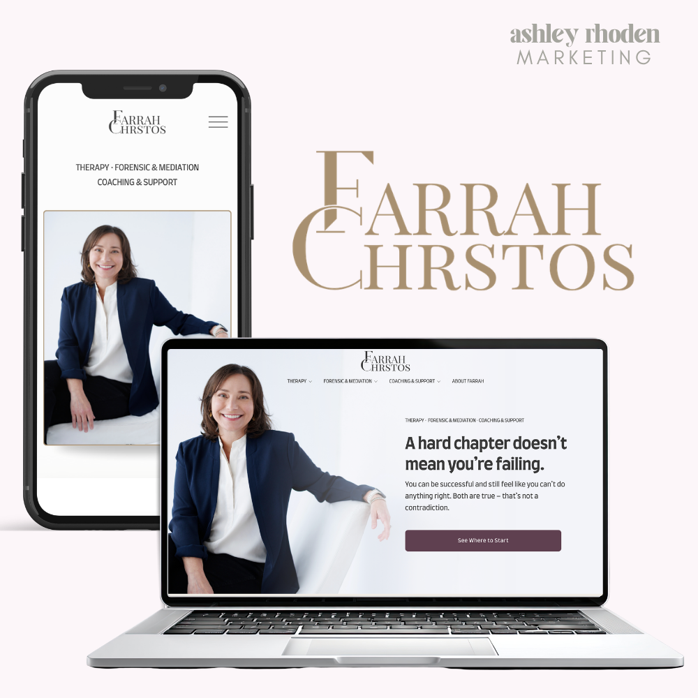 Farrah Chrstos website on laptop and phone, with the headline "A hard chapter doesn't mean you're failing" beside a portrait of Farrah, in white, navy, and gold.