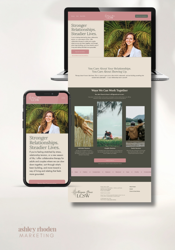 An image of Morgan Gross Counseling's portfolio. A screenshot of the mobile and desktop homepage.
