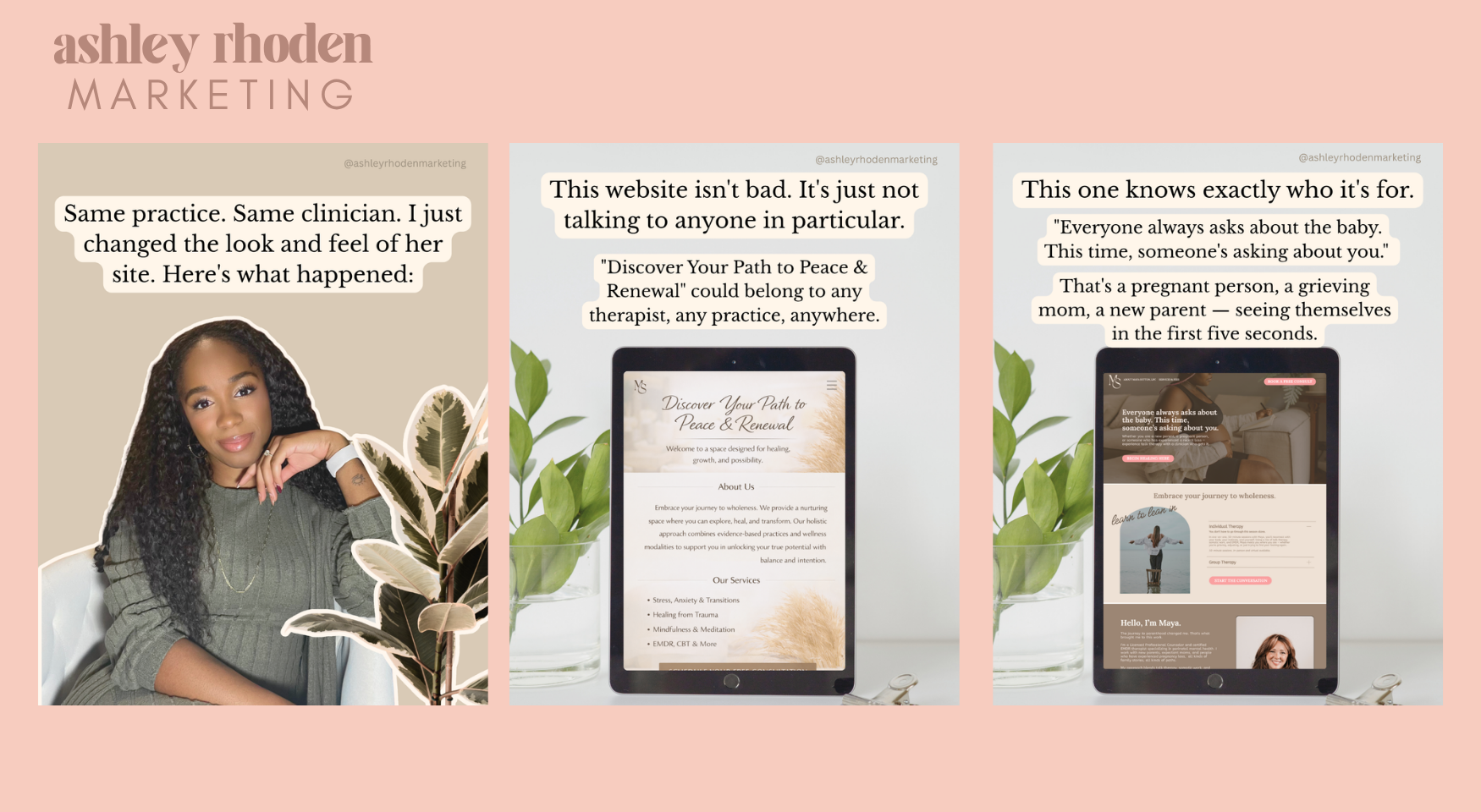 Ashley Rhoden Marketing portfolio graphic showing a before and after therapist website redesign — the original site with generic copy versus a redesigned site with specific, client-focused messaging for a perinatal therapist