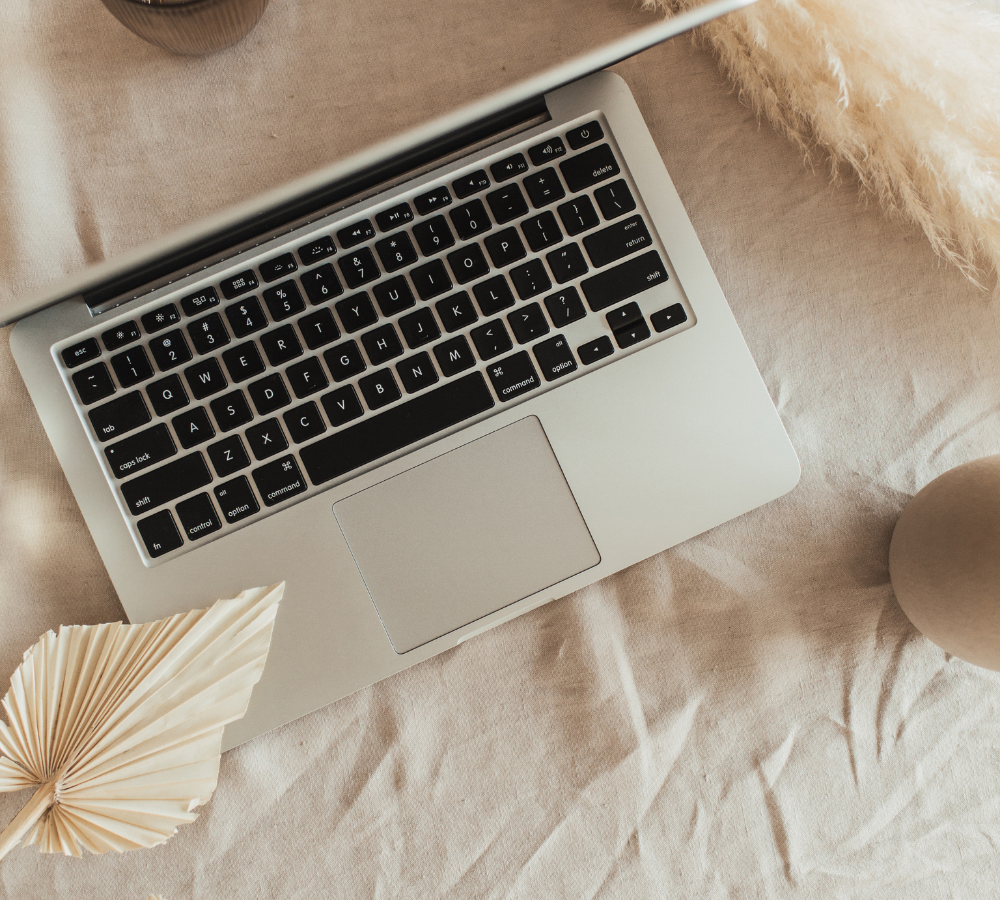 Overhead view of an open silver laptop on a rumpled beige linen cloth, surrounded by dried pampas grass and a cream pleated palm leaf.