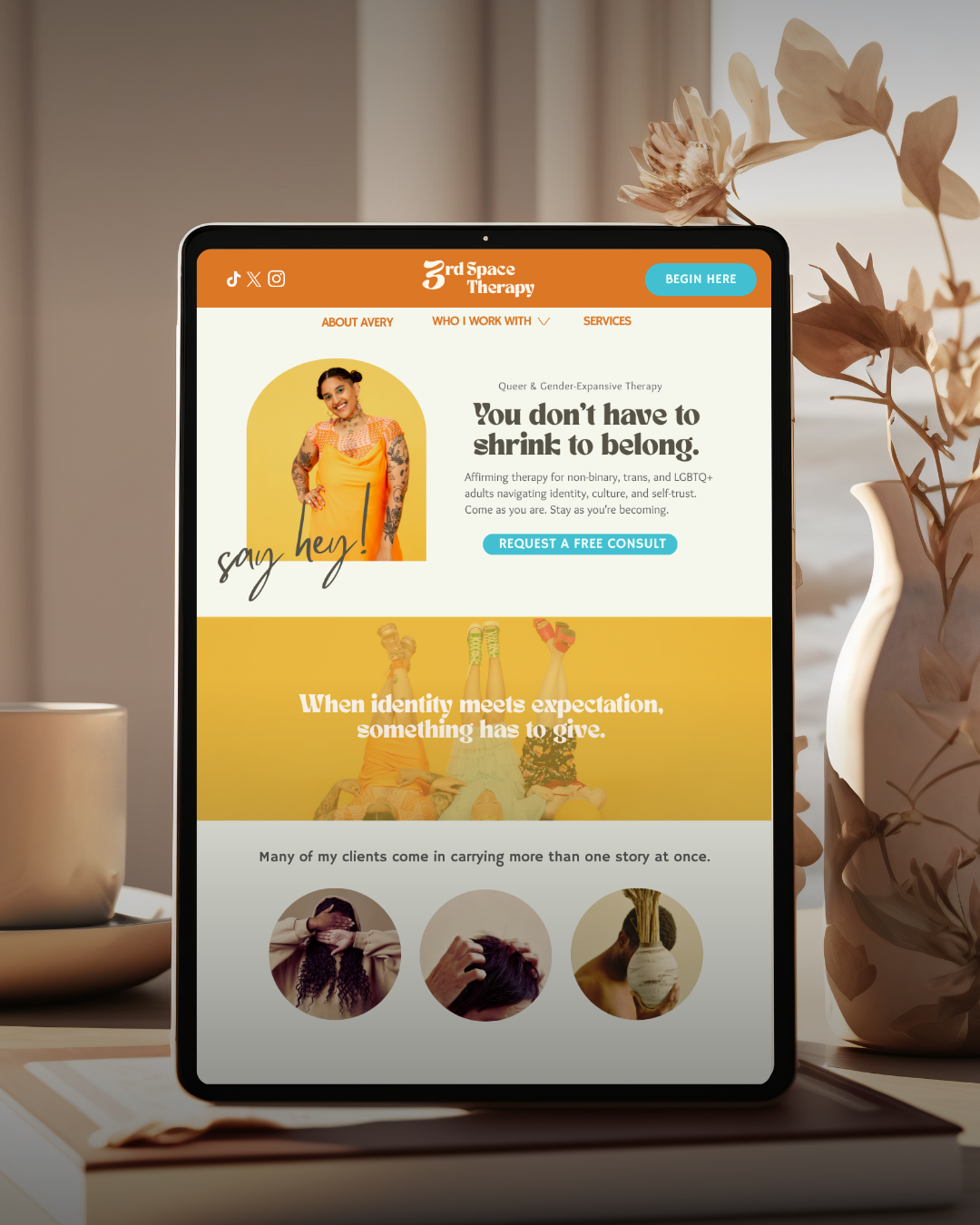 Bold queer-affirming therapist website design mockup — Ashley Rhoden Marketing
