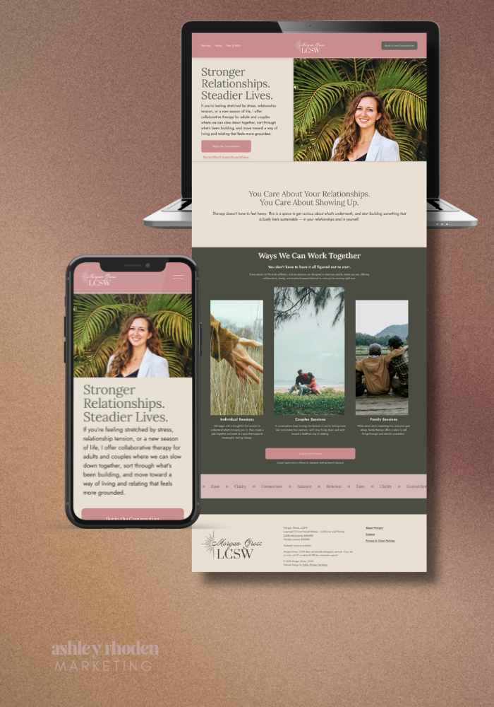 Website for therapy services titled 'Stronger Relationships. Steadier Lives.' showing a woman smiling in front of palm trees, with sections about different therapy sessions including individual, couples, and family, on a laptop and a mobile phone.