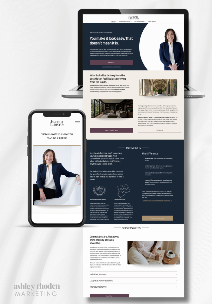 Farrah Chrstos website design displayed on a laptop and mobile phone, showing the therapy page homepage with hero text reading "You make it look easy. That doesn't mean it is." — designed by Ashley Rhoden Marketing