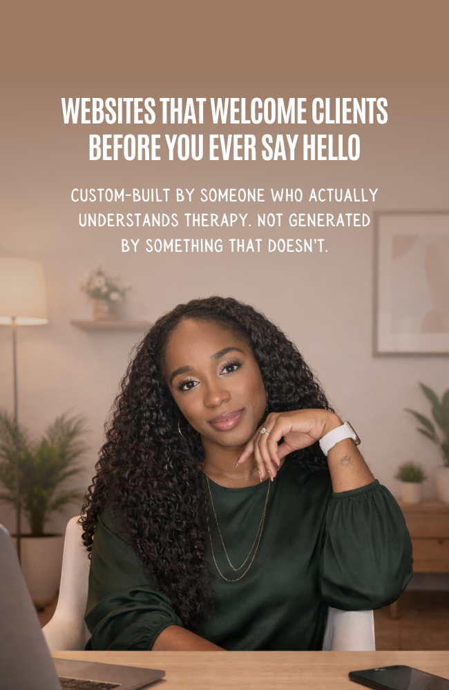Ashley Rhoden sitting at a desk with a soft smile. The text on the image reads, "Websites that welcome clients before you ever say hello: custom-built by someone who actually understands therapy. Not generated by something that doesn't."