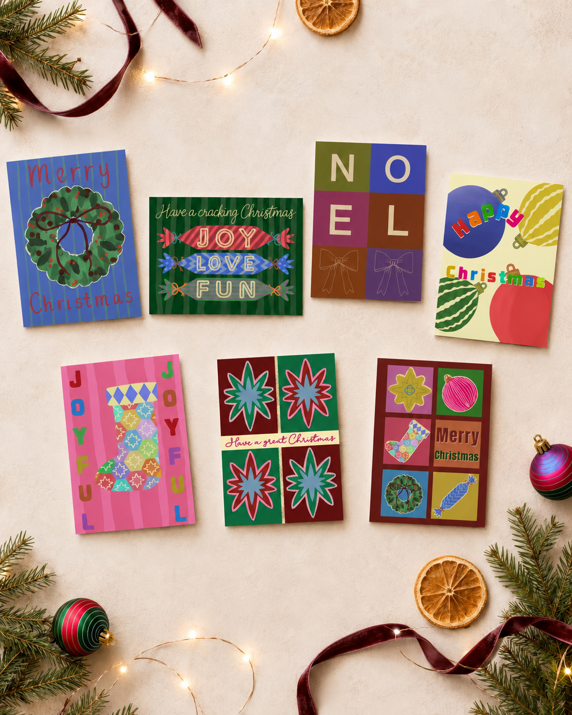Colourful Christmas Card collection - Set of 7